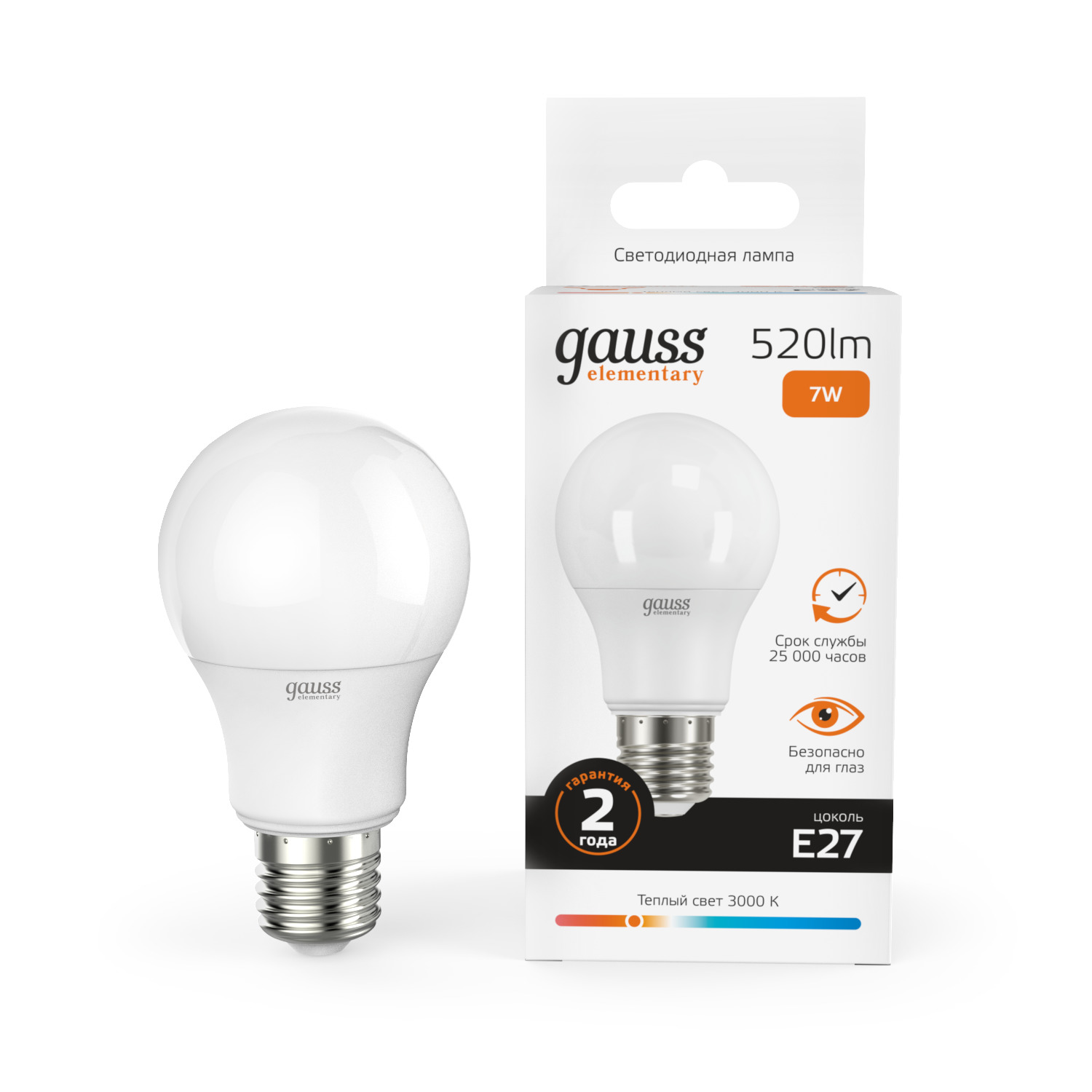 Лампа светодиодная LED 7 Вт 520 лм 3000К А60 груша теплый E27 AC 220В Elementary GAUSS 23217A