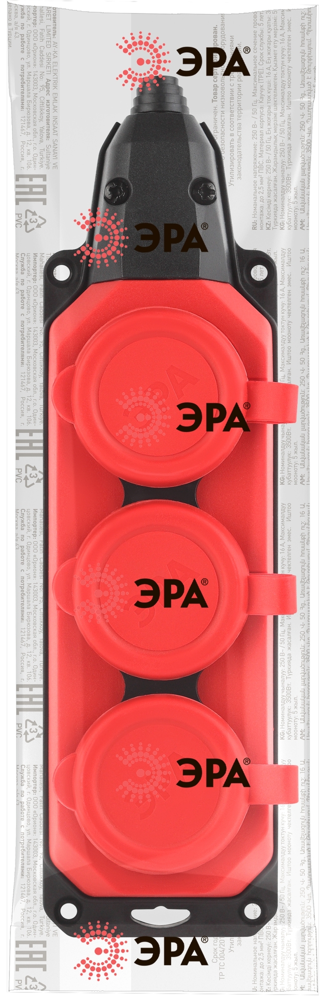 Колодка каучуковая с/з 3 гнезда 16A IP44 красная 9/90/540 ЭРА Б0044552