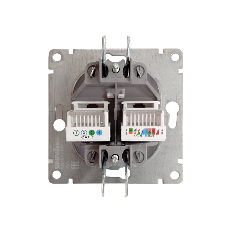 Розетка компьютерная+телефонная серия Афина, с/у, 1А, RJ45, RJ12, графит (еврослот) UNIVersal A0052-Gr
