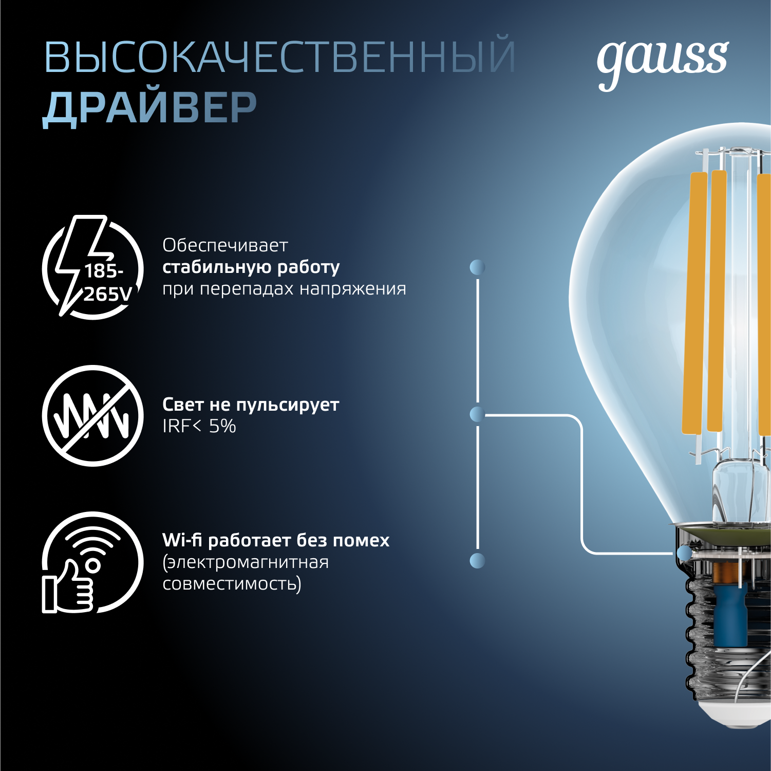 Лампа светодиодная филаментная LED 13 Вт 1150 лм 4100К шар P45 нейтральный E14 AC 220В прозрачная колба Black Filament GAUSS 105801213