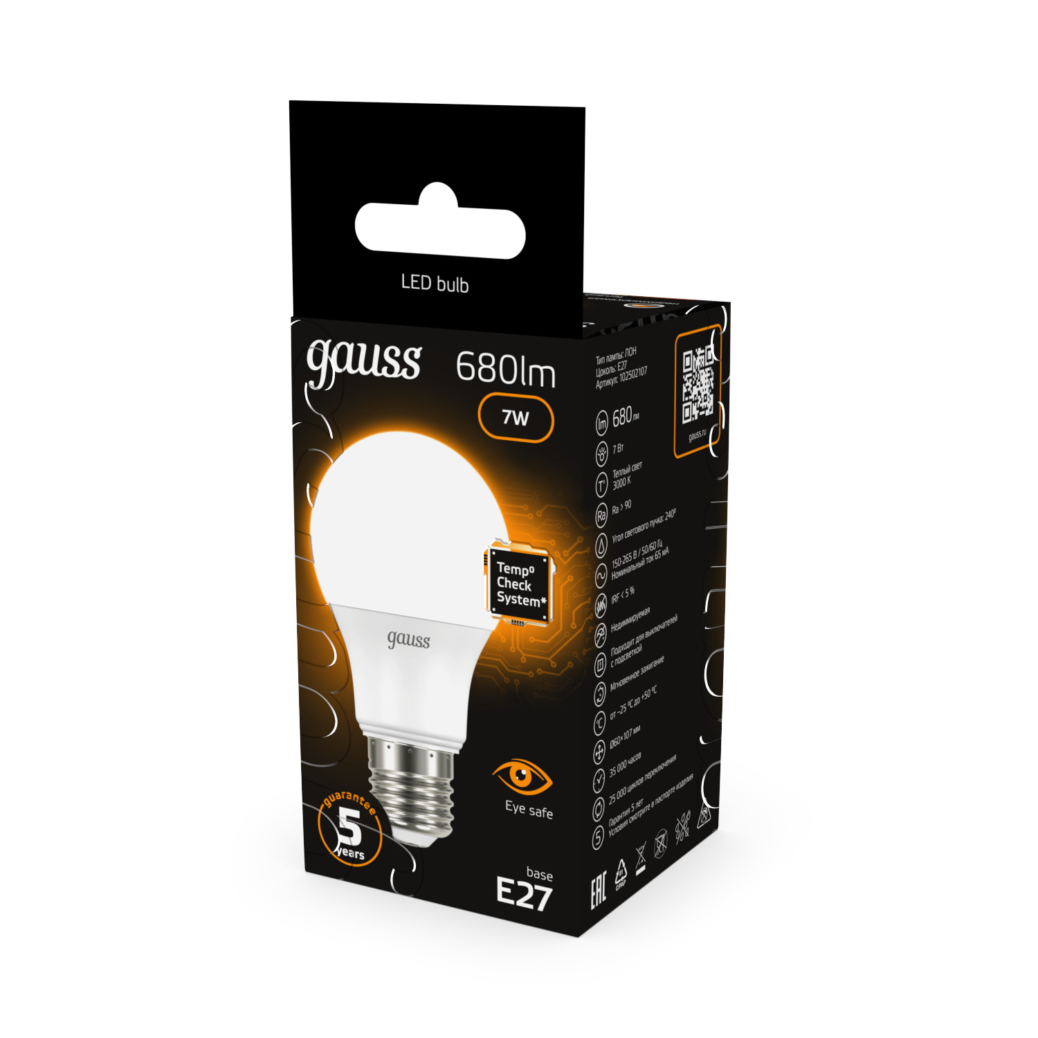 Лампа светодиодная LED 7 Вт 680 лм 3000К А60 груша теплый E27 AC 220В Black GAUSS 102502107