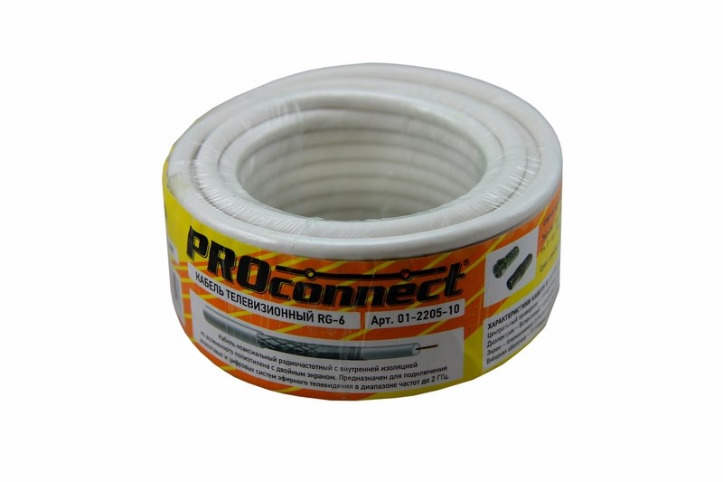 Кабель коаксиальный RG-6U, 75Ом, CCS/Al/Al, 48%, IN, белый 10 м ProConnect 01-2205-10
