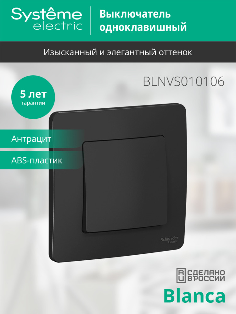 BLANCA скрытой установки одноклавишный выключатель (cх.1), 10A, 250B, антрацит Systeme Electric BLNVS010106
