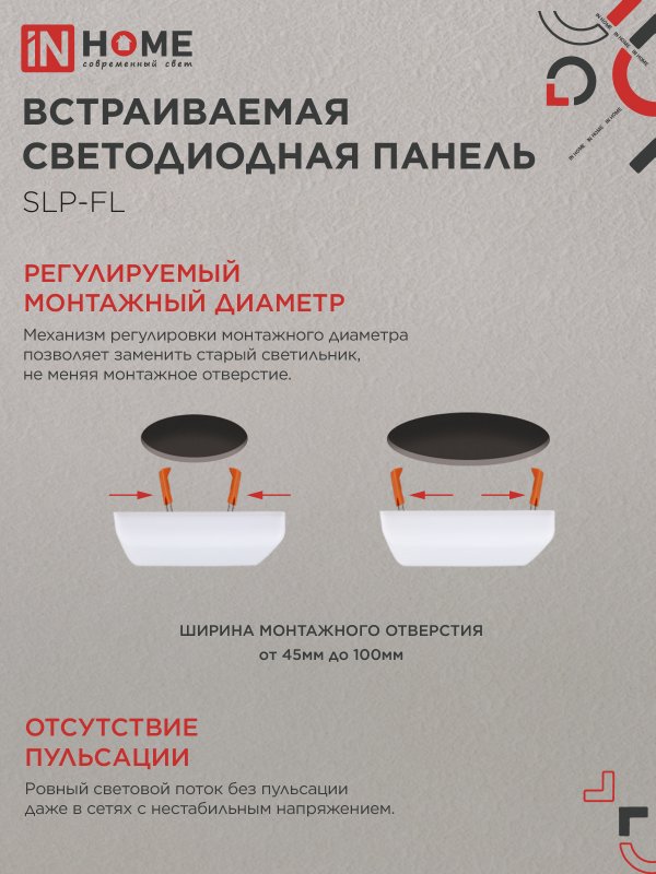 Панель светодиодная встраиваемая безрамочная SLP-FL 18Вт 230В 4000К 1620Лм 121мм с регулируемым монтажом 45-100мм белая IP20 IN HOME 4690612041797