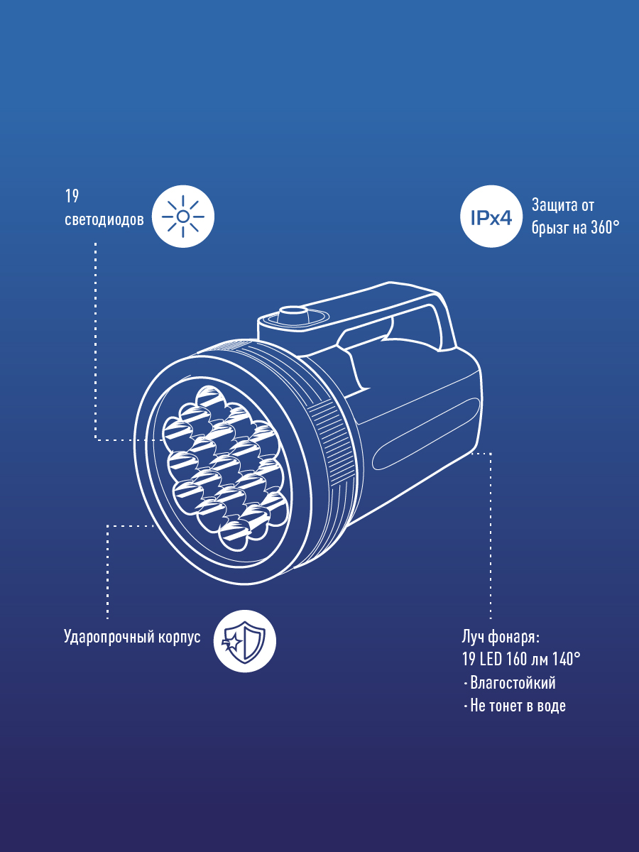 Фонарь-прожектор , 19 LED, 4 батарейки D, 190 lm, Космос KOC860LED