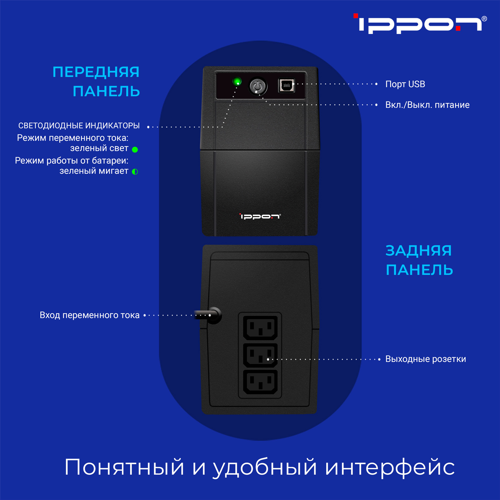 Источник бесперебойного питания Line-interactive Back Basic 650 Ва/360 Вт фазы 1/1 , Tower 3хIEC C13, USB type B, c АКБ IPPON 337477
