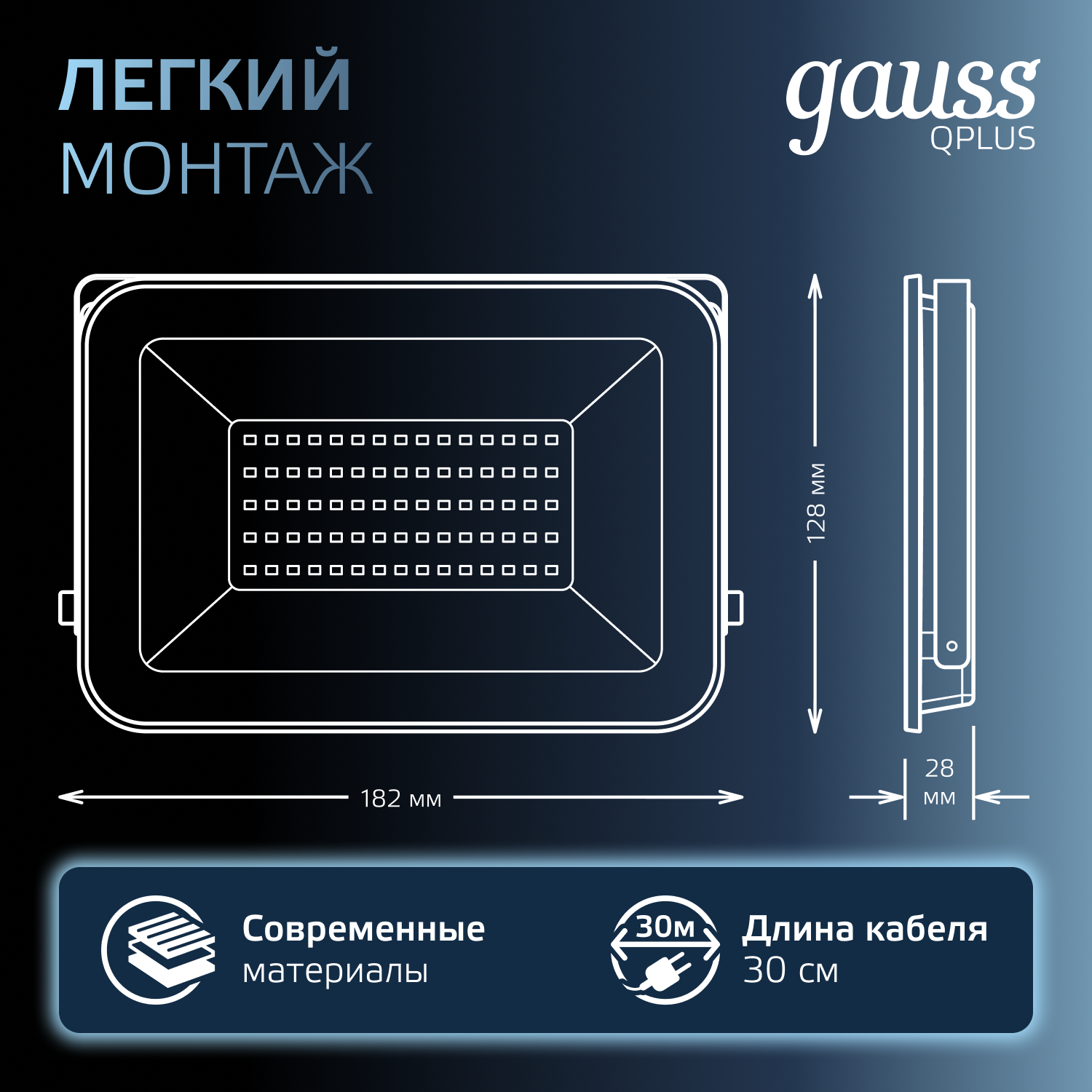 Прожектор светодиодный ДО 50 Вт 5250 Лм 6500К AC 220В IP65 150х28х185 мм матированное закаленное стекло Qplus GAUSS 690511350