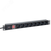Блок розеток PDU TERACOM PRO 19'' 1U 16А/250В 8 розеток Schuko с выключателем шнур питания длиной 2 метра сечение 3x1.5 мм2 вилка Schuko корпус пластик черный EKF TRP-HPD-LSP-16A-8SH-2MSH