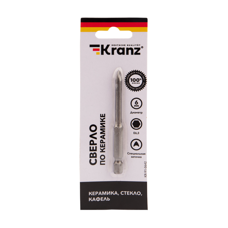 Сверло по стеклу и керамике 6 мм шестигранный хвостовик Kranz KR-91-0642