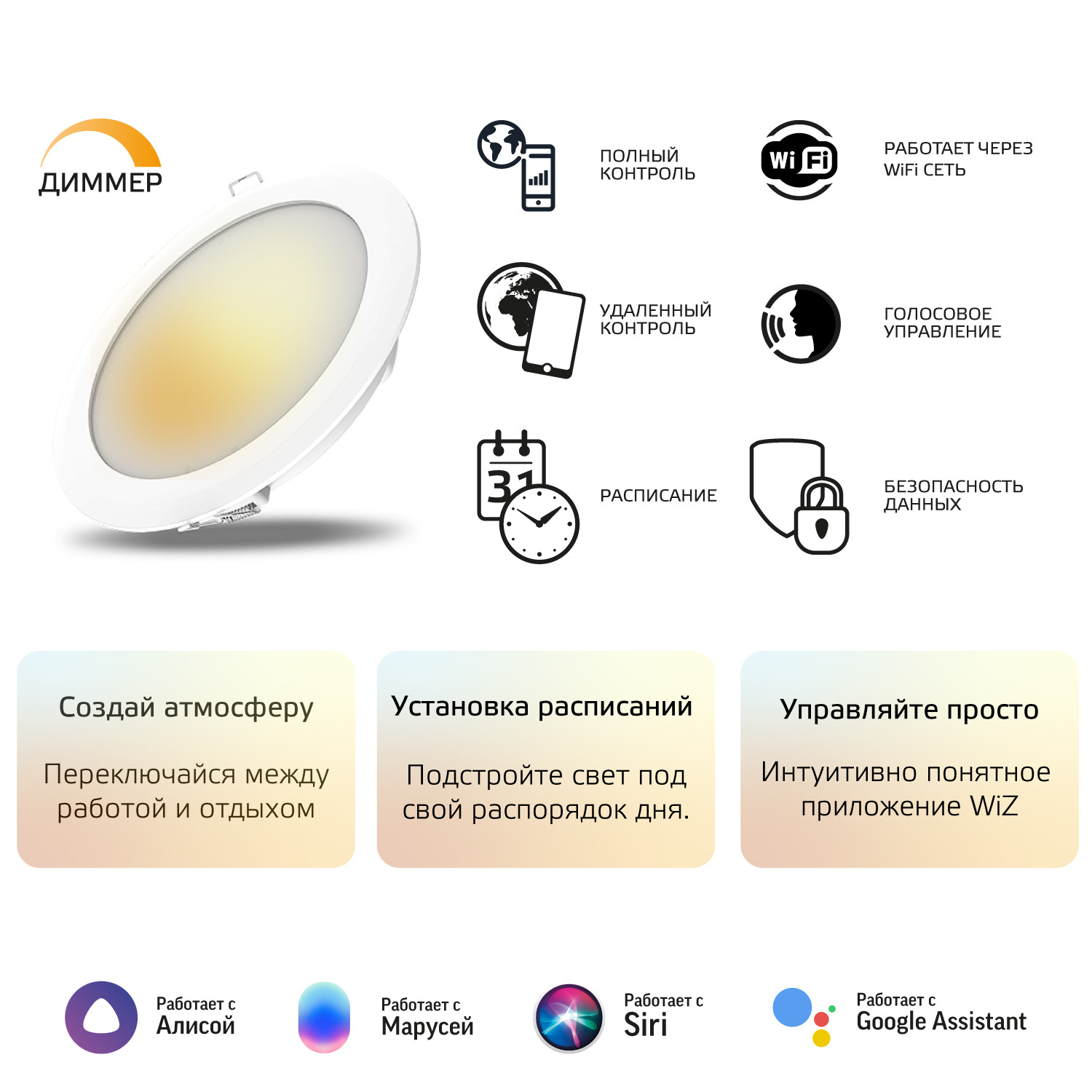 Светильник светодиодный умный встраиваемый Wi-Fi LED ДВО 16 Вт 1500 Лм 2700К IP20 d165х38 мм монт d145 мм Smart Home GAUSS 2020122