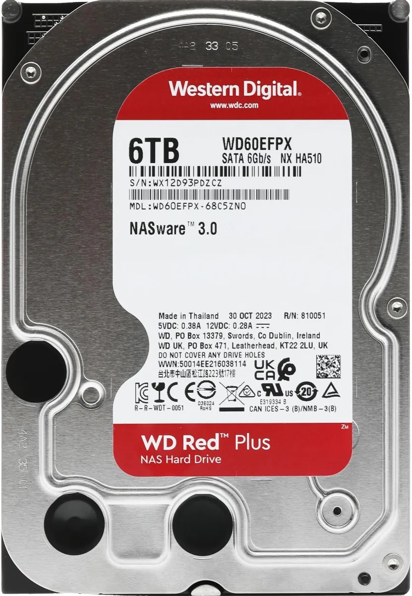 Жесткий диск 6TB Red Plus 3.5'', SATAIII, 5400 об/мин, 256 МБ Western Digital WD60EFPX 152406