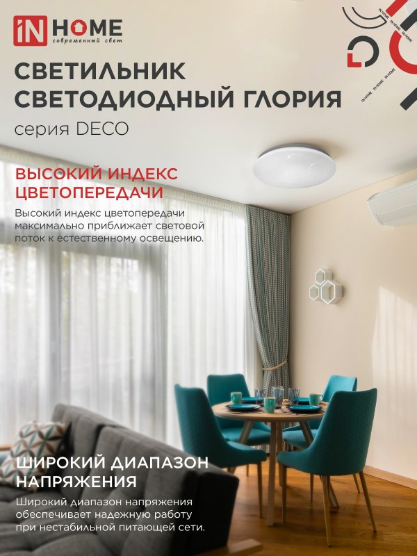 Светильник светодиодный серии DECO ГЛОРИЯ 36Вт 230В 6500К 3240Лм 380х55мм IN HOME 4690612025117