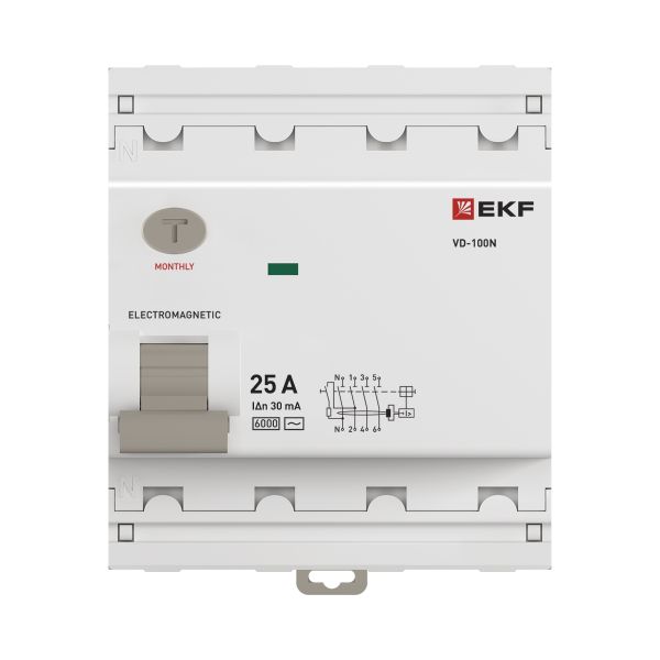 Выключатель дифференциального тока ВД-100N  4P 25А 30мА тип AC эл-мех 6кА PROXIMA EKF E1046M2530