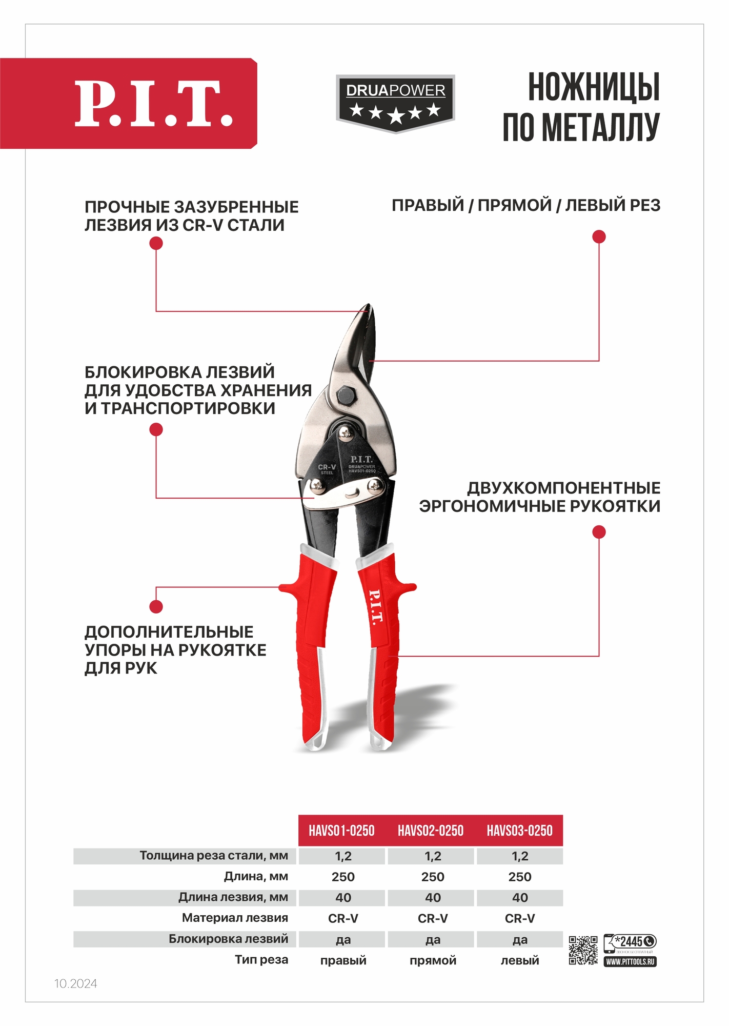 Ножницы по металлу Aviation  (250мм, лезвия 40мм, 1,2мм, левые, CrV, двухкомп.) P.I.T. HAVS01-0250