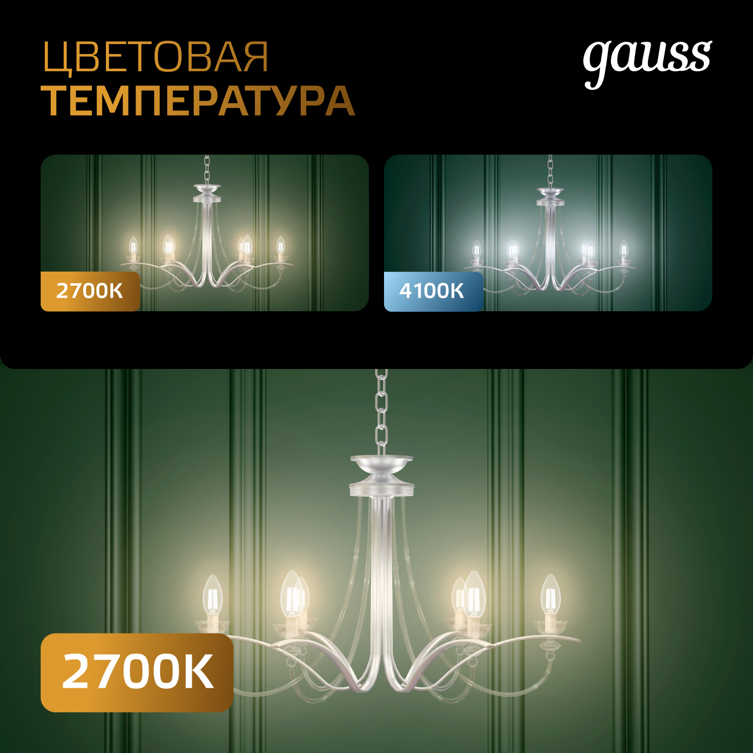 Лампа светодиодная филаментная LED 7 Вт 550 лм 2700К свеча на ветру теплый E14 AC 220В прозрачная колба Black Filament Gauss GAUSS 104801107