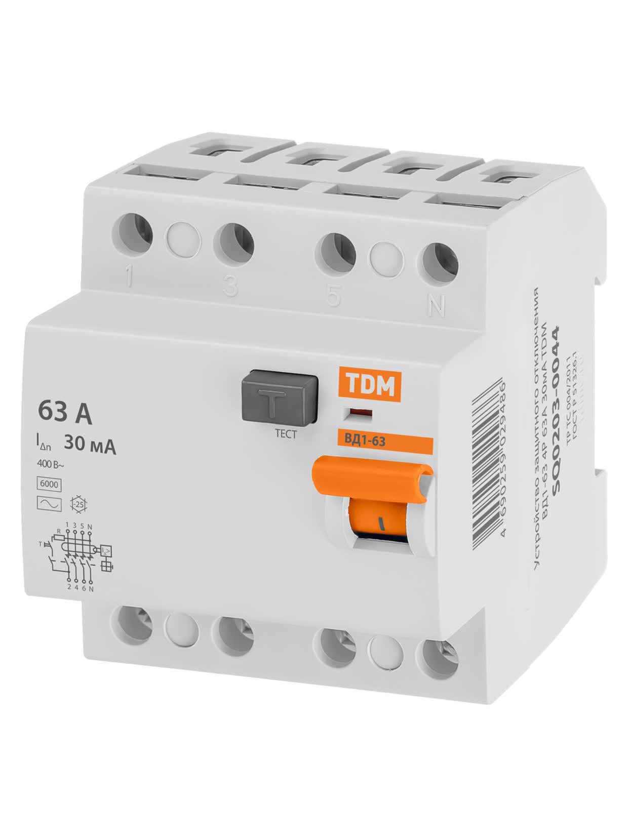 Устройство защитного отключения ВД1-63 четырехполюсное 63А 30мА TDM ELECTRIC SQ0203-0044