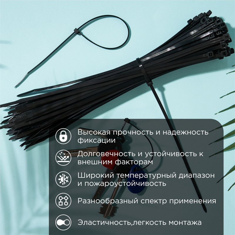 Хомут-стяжка кабельная нейлоновая 250x3,6 мм, черная, упаковка 100 шт, REXANT 07-0251