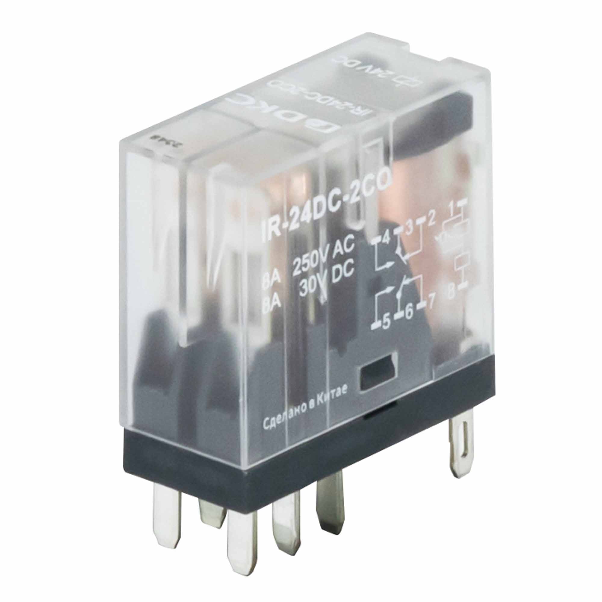 Реле миниатюрное промышленное, 2CO, коммутируемый ток 8 А, AgSnO, напряжение 24V DC, опция – светодиод DKC IR-24DC-2CO