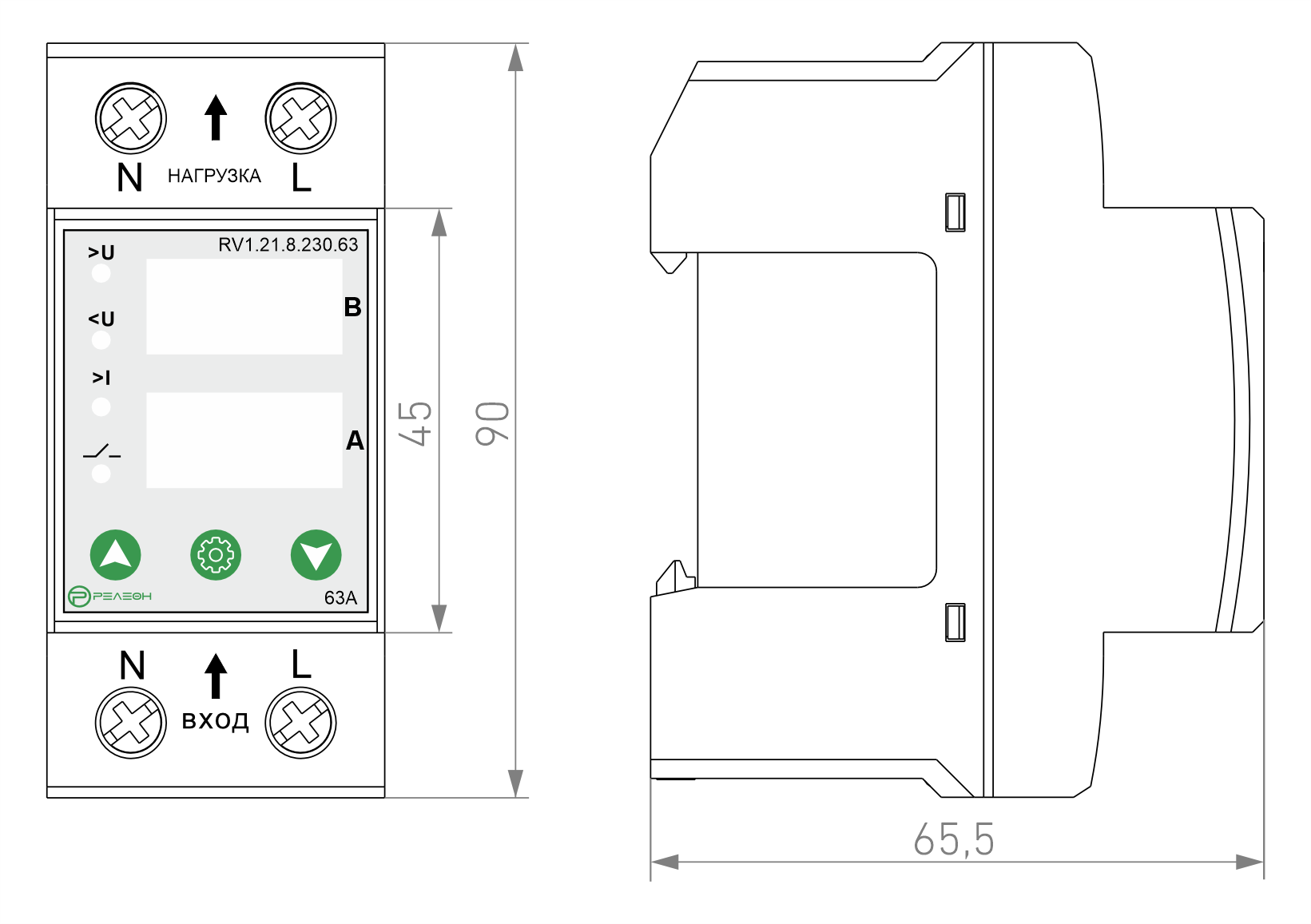 Реле контроля напряжения и тока 1L (230В AC) 63А Релеон RV121823063