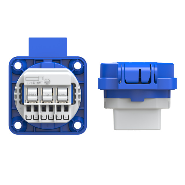 Розетка встраиваемая 16А/250V/2P+E/IP54 50x50 подключение сзади синяя безвинтовые клеммы PCE 109-0b 00-00002587