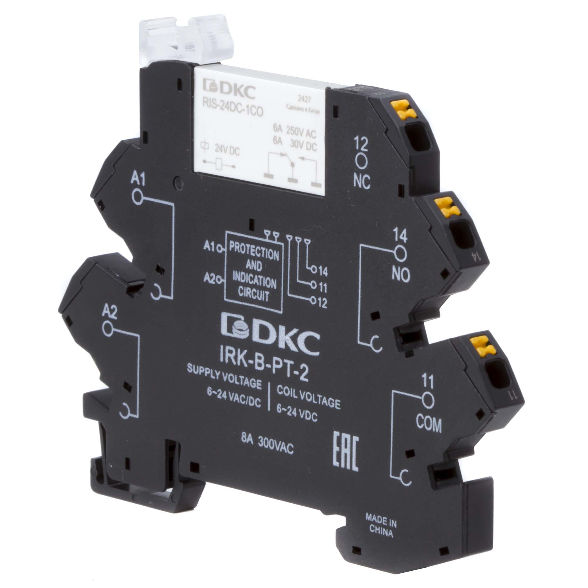 Реле интерфейсное, 1CO, ком. ток 6А, AgSnO2, напряжение 24V AC/DC, push-in клеммы. DKC IRK-24UC-1CO-PT
