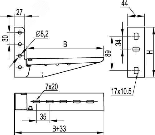 Консоль с опорой ML 200 мм облегченная 1.5мм DKC BBL4020