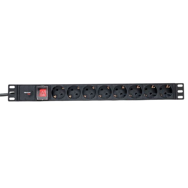 Блок розеток PDU TERACOM PRO 19'' 1U 16А/250В 8 розеток Schuko с выключателем шнур питания длиной 2 метра сечение 3x1.5 мм2 вилка Schuko корпус алюминий черный EKF TRP-HPD-LS-16A-8SH-2MSH