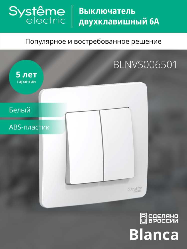 BLANCA скрытой установки двухклавишный выключатель (cх.5), 6а, 250в, белый Systeme Electric BLNVS006501