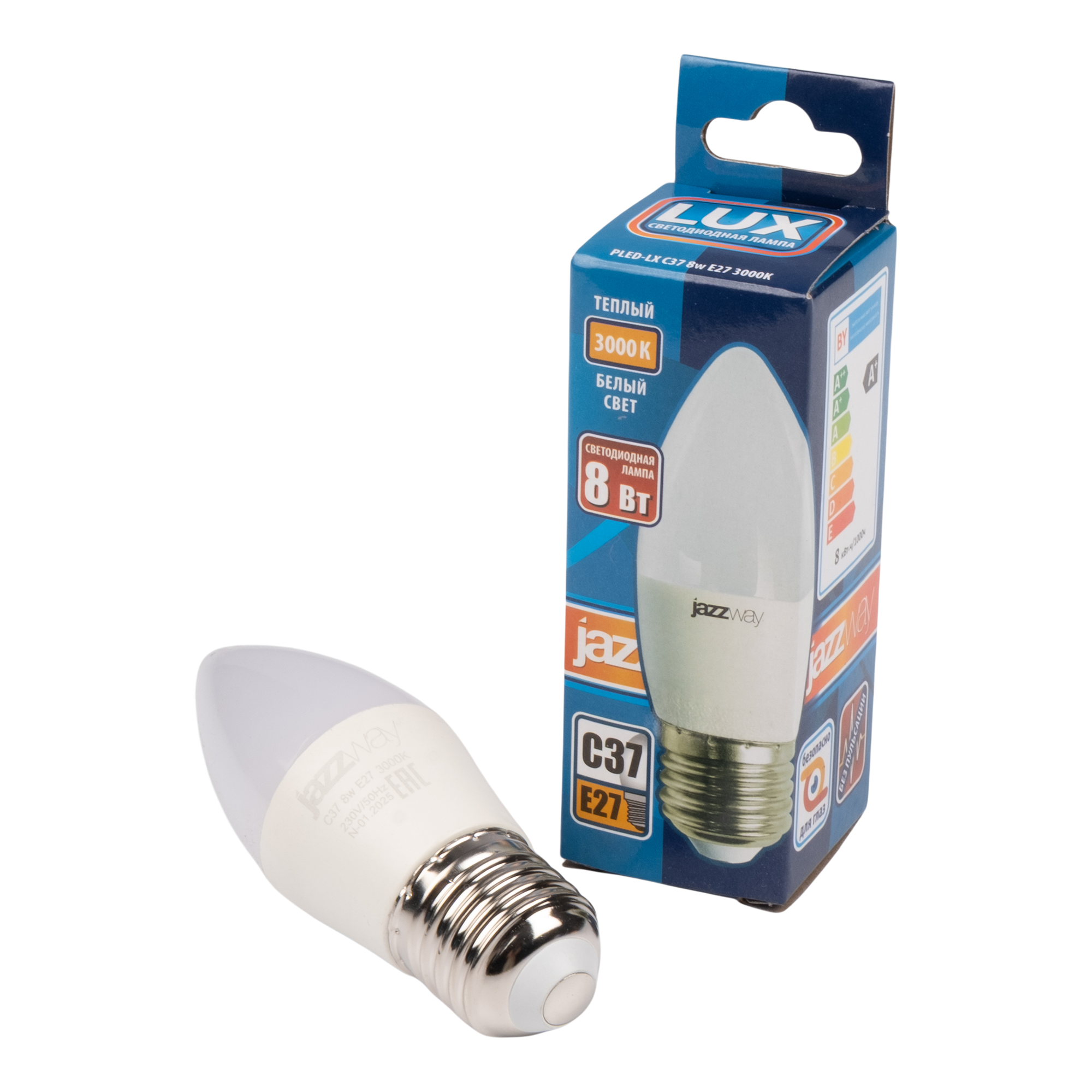 Лампа светодиодная LED 8 Вт 640Лм 3000К белая Е27 Свеча JazzWay 5028531 5028531*
