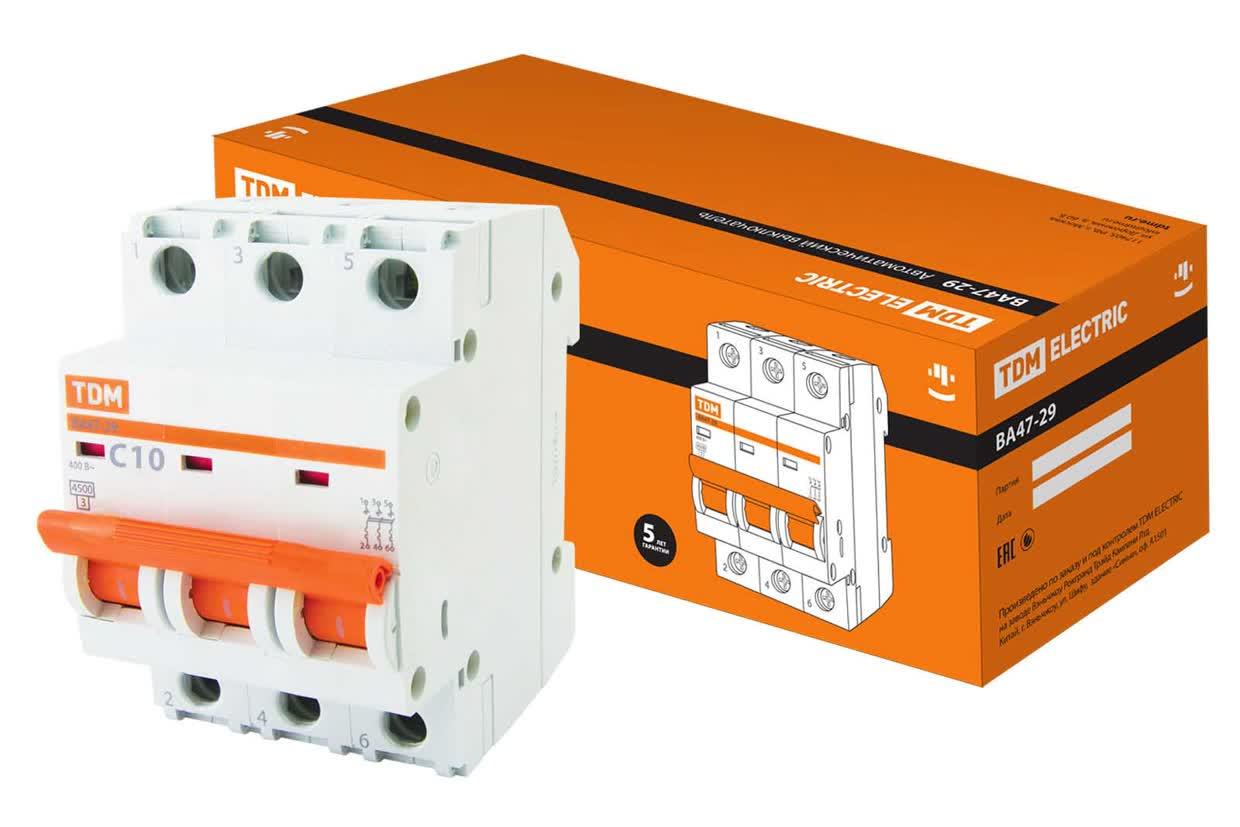 Выключатель автоматический ВА47-29 трехполюсной 10А 4,5кА характеристика С TDM ELECTRIC SQ0206-0107
