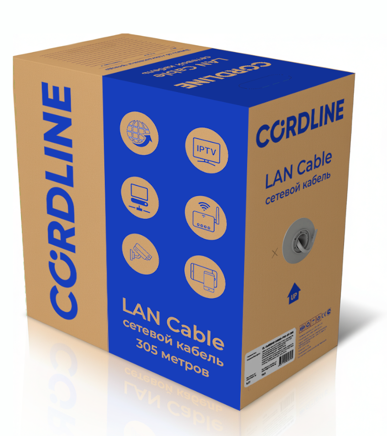 Витая пара СORDLINE U/UTP 4 пары 5e Сu одж.       24AWG(0,51мм) вн.PVC сер.305м Cordline CL-CuI5E04U-051SO-PVC-GY-305 УТ-00000442