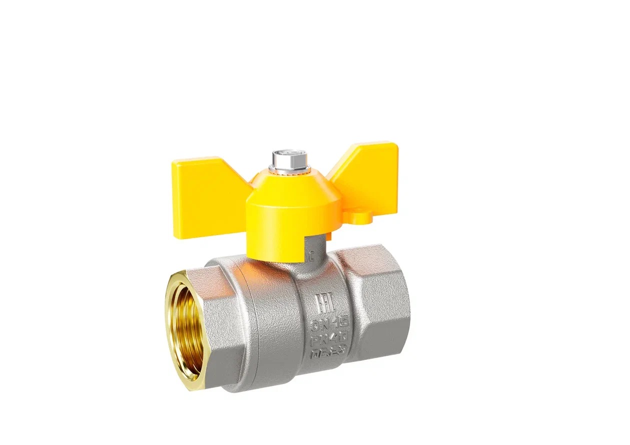 Кран шаровый латунный никелированный 11б27п Ду15 Ру40 (1/2') ВР/ВР бабочка GAS LD Pride 47.15.В-В.Б GAS LD 47.350.15
