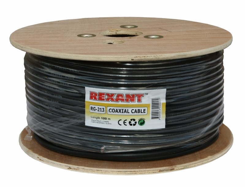 Кабель коаксиальный RG-213, 50 Ом, Cu/Cu, 96%, бухта 100 м, черный, REXANT 01-2041