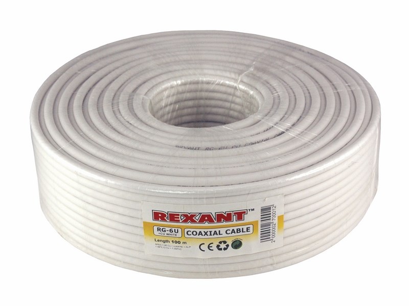 Кабель коаксиальный RG-6U+Cu, 75 Ом, Cu/Al/Cu, 64%, бухта 100 м, белый REXANT etm01-2221