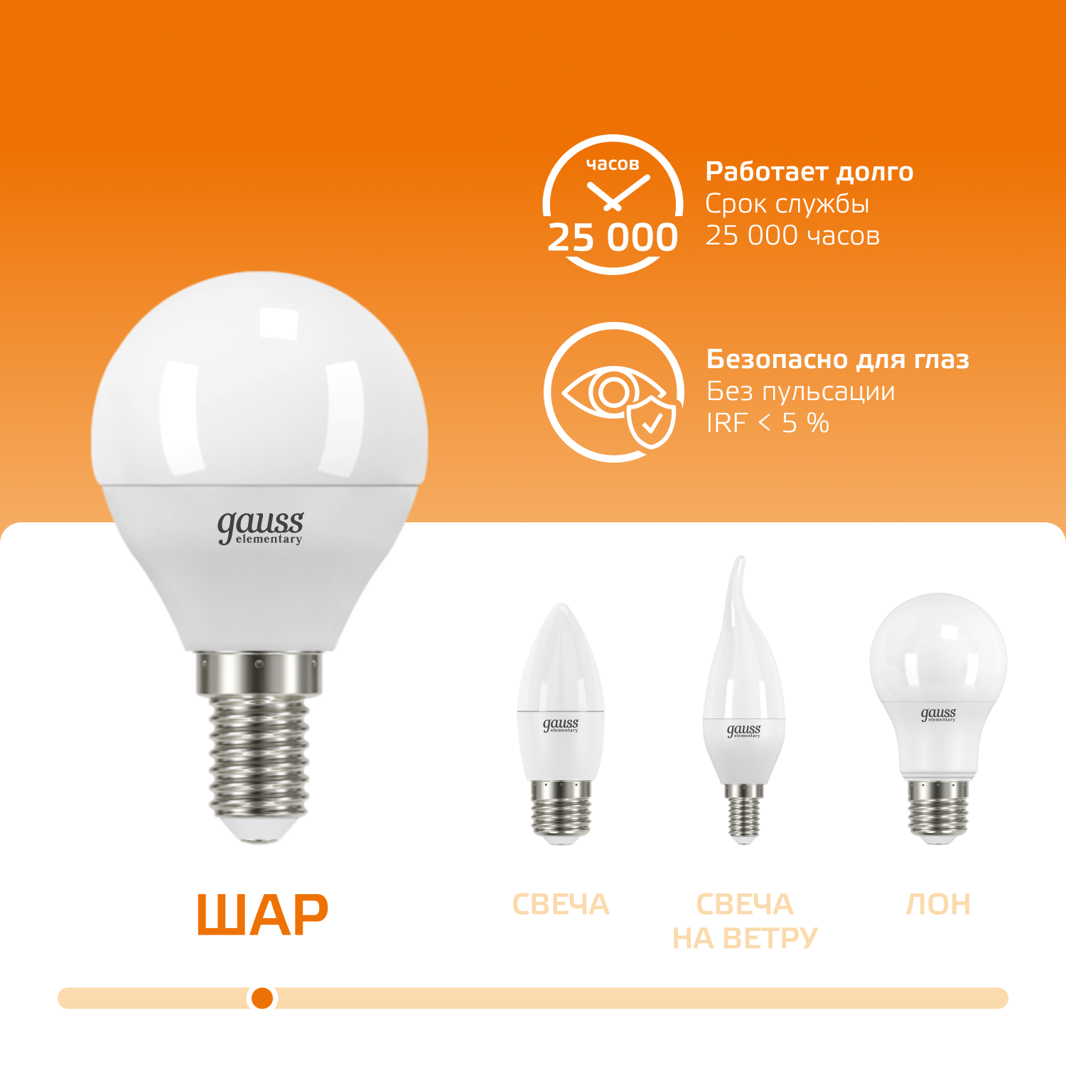 Лампа светодиодная LED 8 Вт 520 лм 3000К шар P45 теплый E14 AC 220В Elementary GAUSS 53118