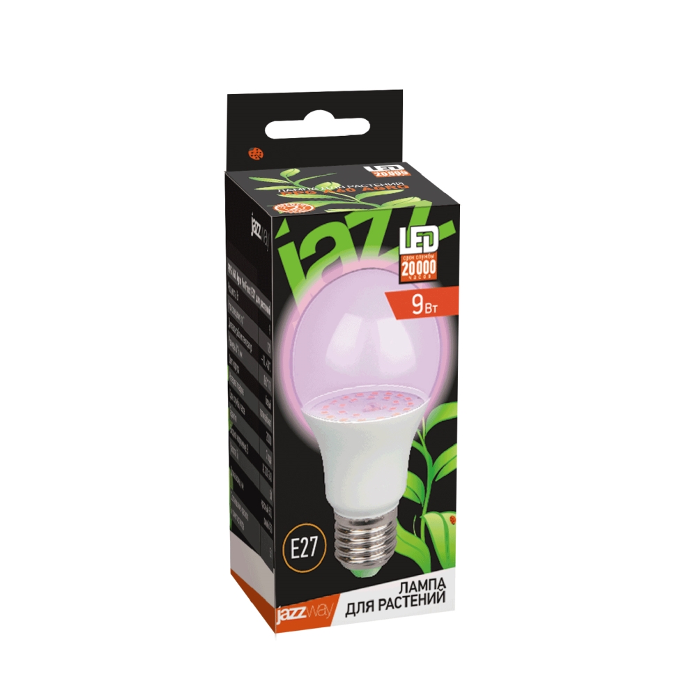 Лампа светодиодная LED 9Вт A60 Е27 CLEAR ( для растений) JazzWay 5008946
