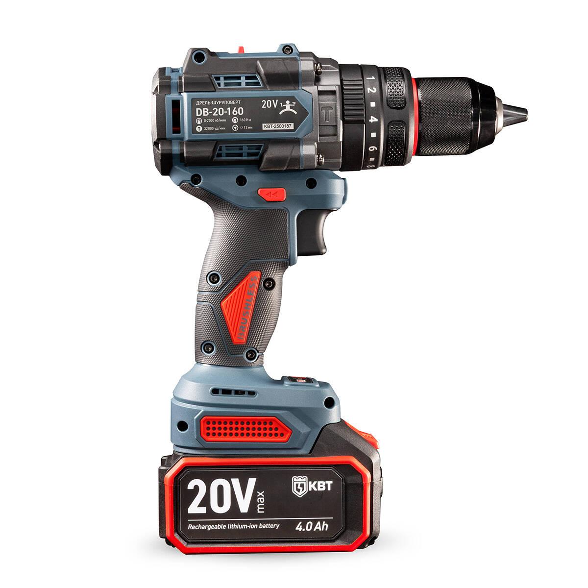 Дрель-шуруповерт DB-20-160 ударная аккумуляторная бесщеточная с максимальным размером оснастки до 13мм КВТ 104531