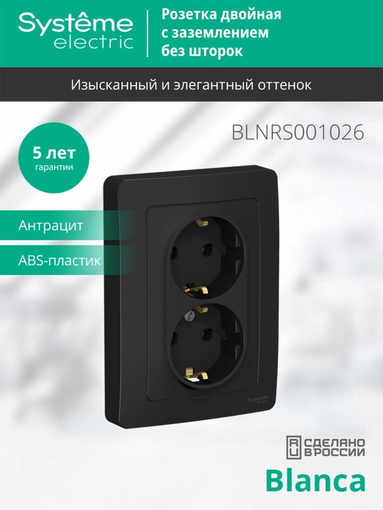 BLANCA скрытой установки розетка двойная с заземлением без шторок, 16А, 250В, антрацит Systeme Electric BLNRS001026