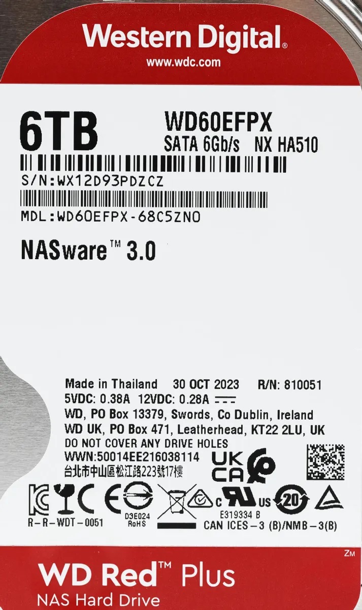 Жесткий диск 6TB Red Plus 3.5'', SATAIII, 5400 об/мин, 256 МБ Western Digital WD60EFPX 152406