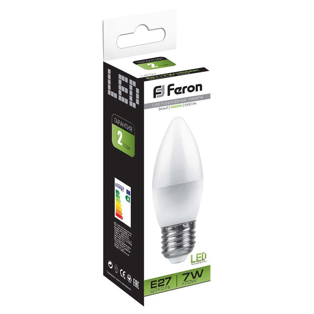 Лампа светодиодная LED 7вт Е27 белый матовая свеча FERON LB-97 25759