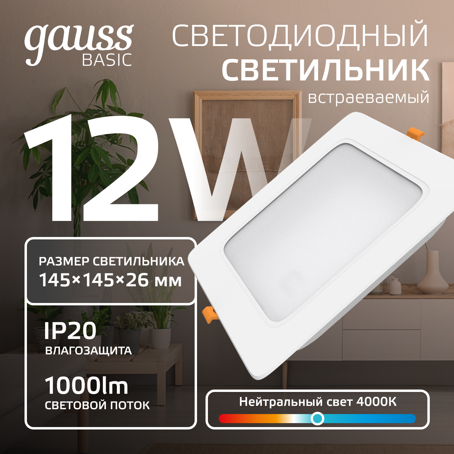 Светильник светодиодный ДВО 12 Вт 1000 лм 4000К AC 220В IP20 квадрат 145х145х26мм монт разм 120х120мм Пластик Basic Gauss GAUSS 9031420212