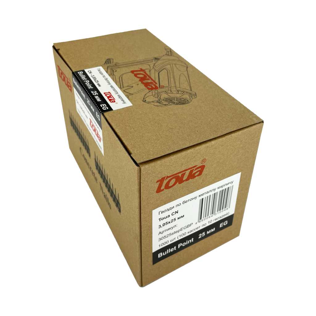 Гвозди усиленные по бетону  и металлу  CN EG bullet point 3,05х25 мм (1000 шт) Toua 30525stepEGBP