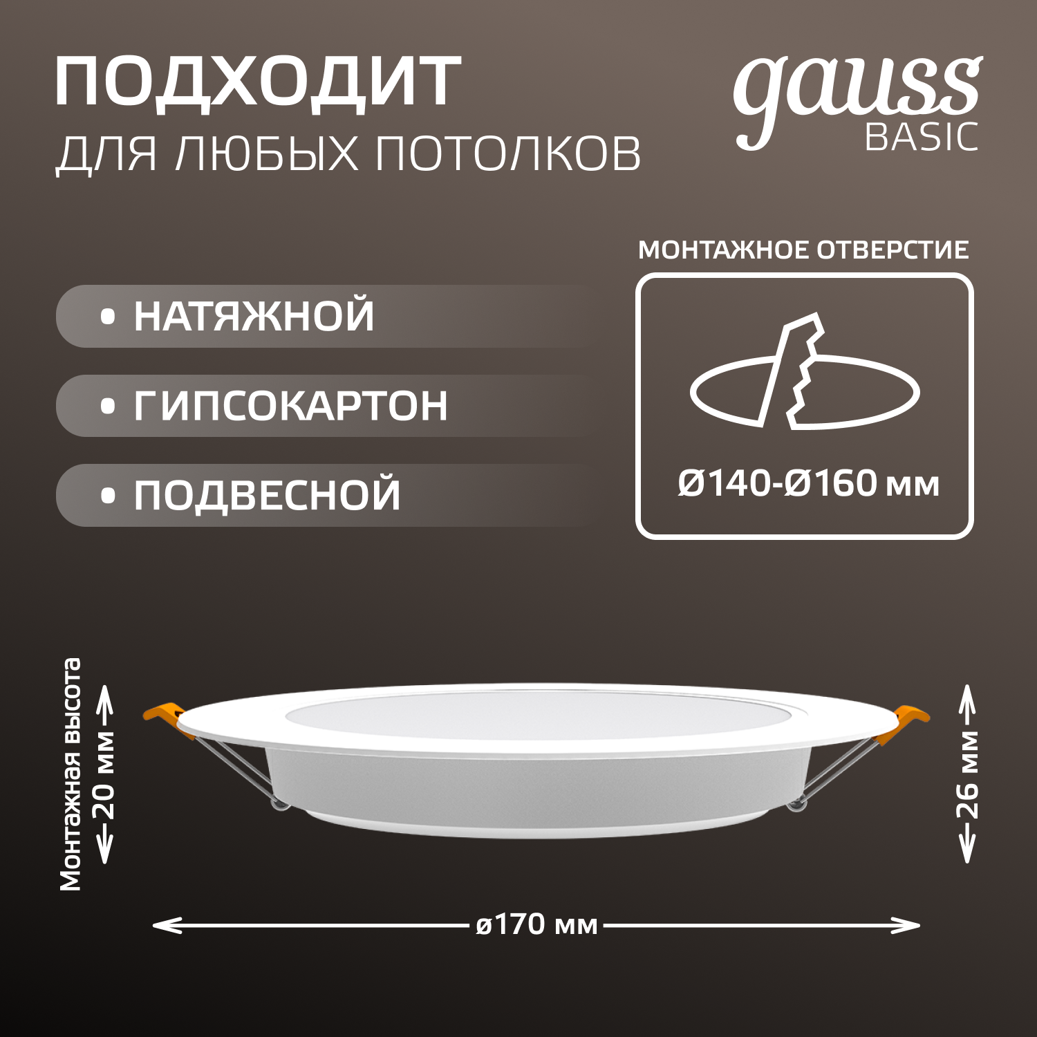 Светильник светодиодный ДВО 18 Вт 1600 лм 4000К AC 220В IP20 круг D170х26мм монт d140мм Пластик Basic Gauss GAUSS 9030420218