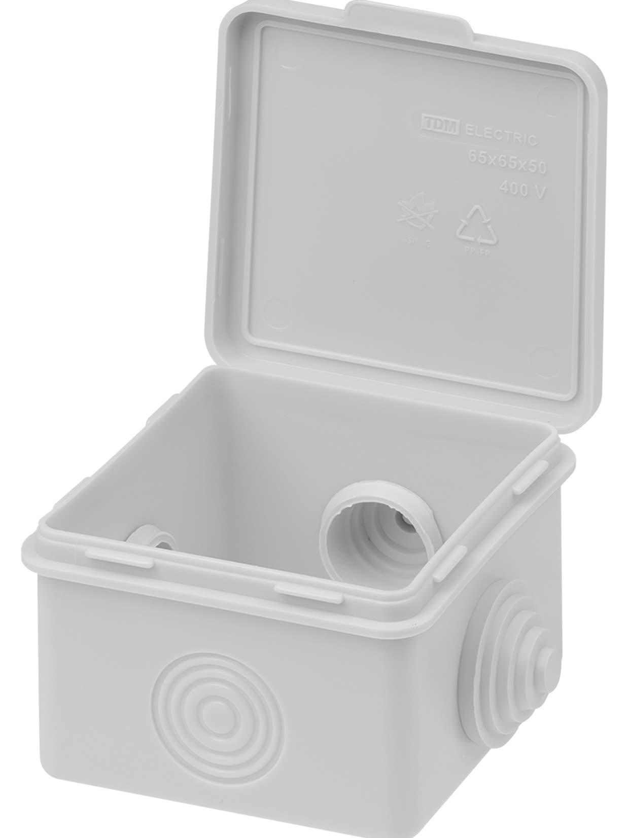 Распаячная коробка ОП 65х65х50мм крышка IP54 4вх. инд. штрихкод TDM TDM ELECTRIC SQ1401-0511
