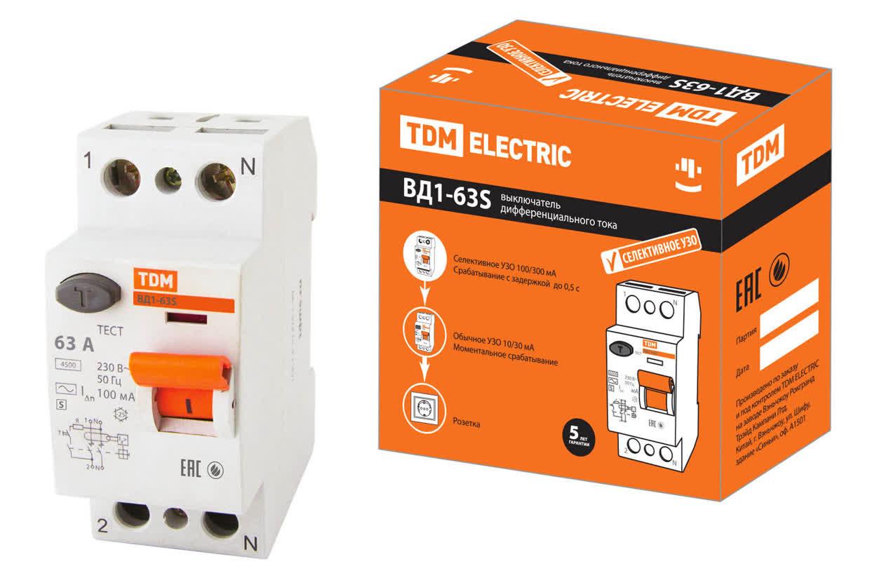 Устройство защитного отключения ВД1-63S двухполюсное 63А 100мА TDM ELECTRIC SQ0203-0060