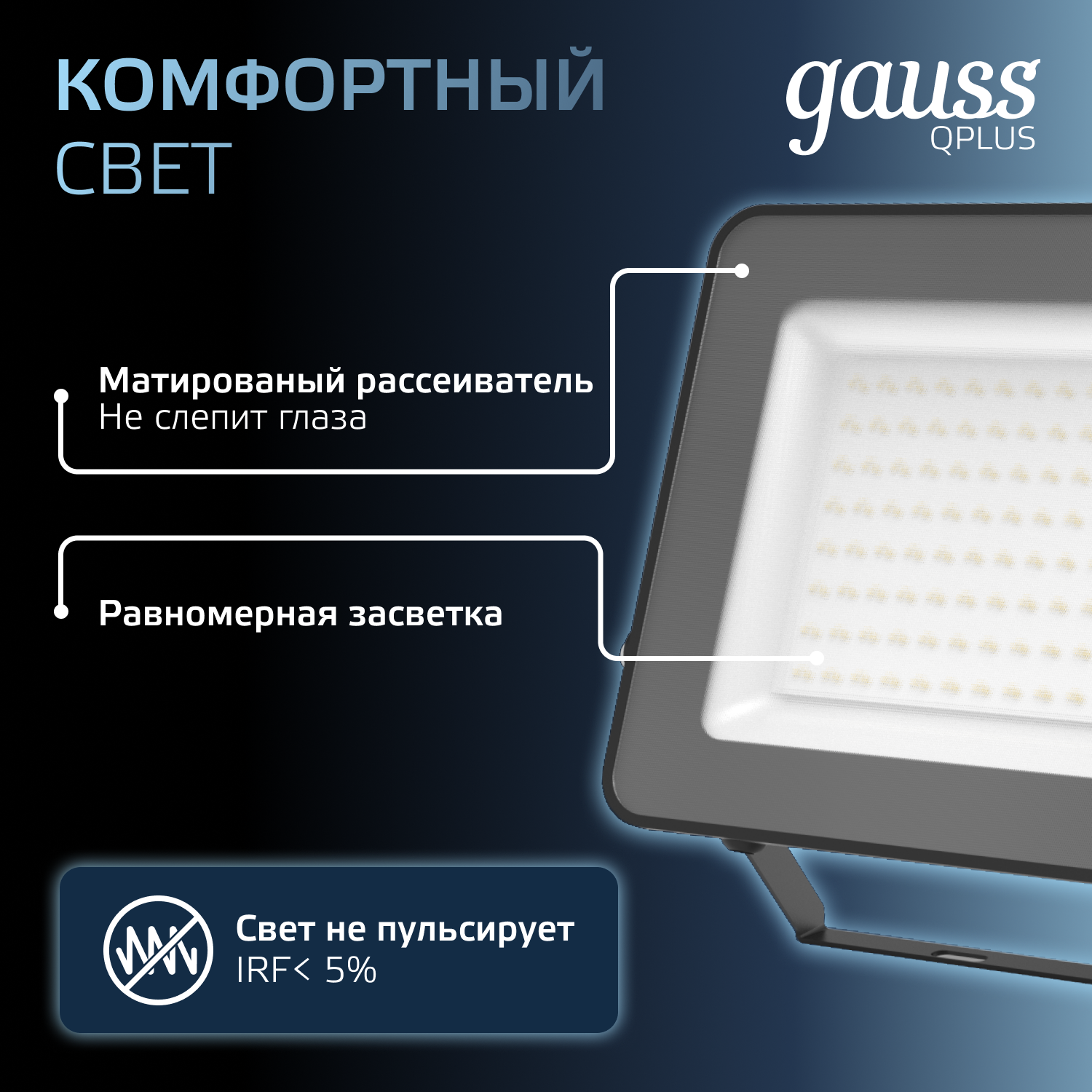 Прожектор светодиодный ДО 100 Вт 12000 Лм 6500К AC 220В IP65 210х32х283 мм матированное закаленное стекло Qplus GAUSS 613511100
