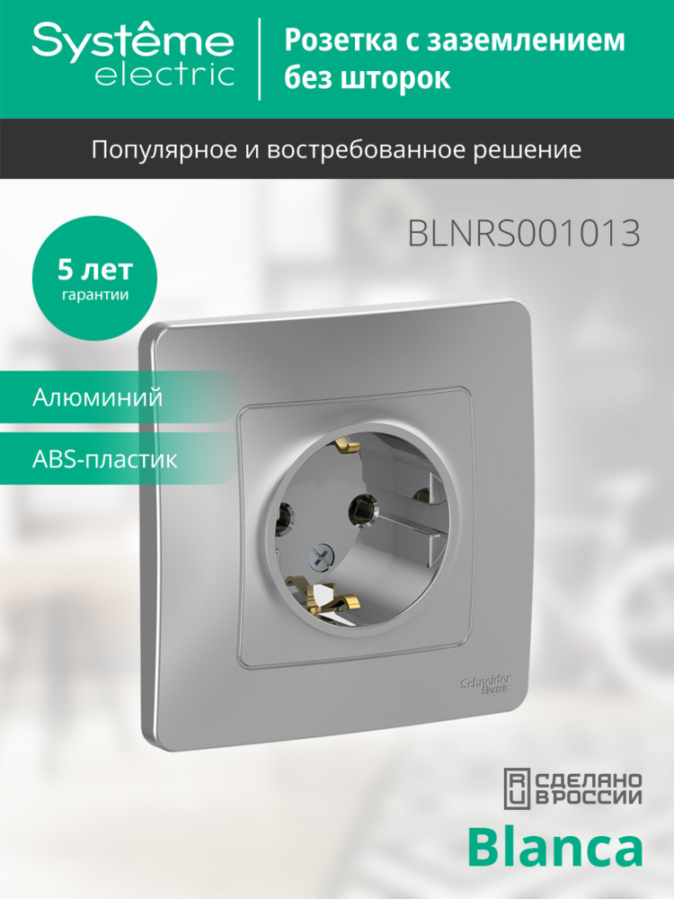 BLANCA скрытой установки розетка с заземлением без шторок, 16А, 250В, алюминий Systeme Electric BLNRS001013