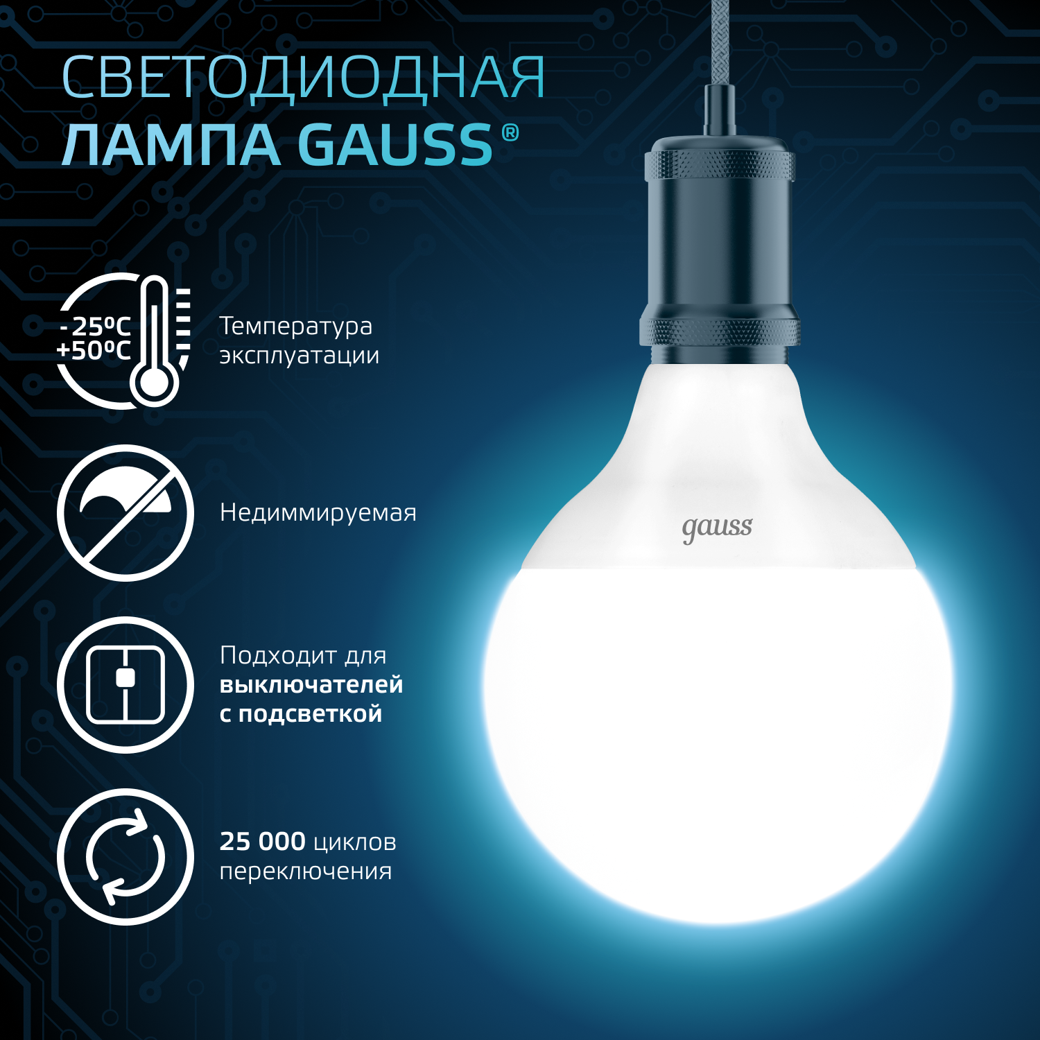 Лампа светодиодная LED 16 Вт 1540 лм 4100К AC150-265В E27 шар G95 нейтральный Black GAUSS 105102216