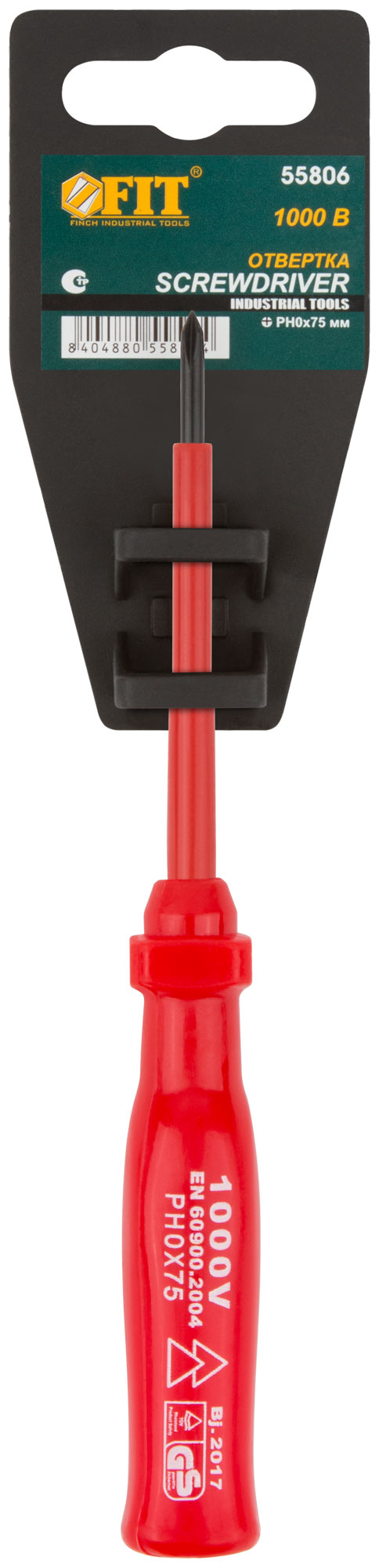 Отвертка изолированная 1000 В, CrV сталь, пластиковая ручка РН0 х 75 мм FIT 55806