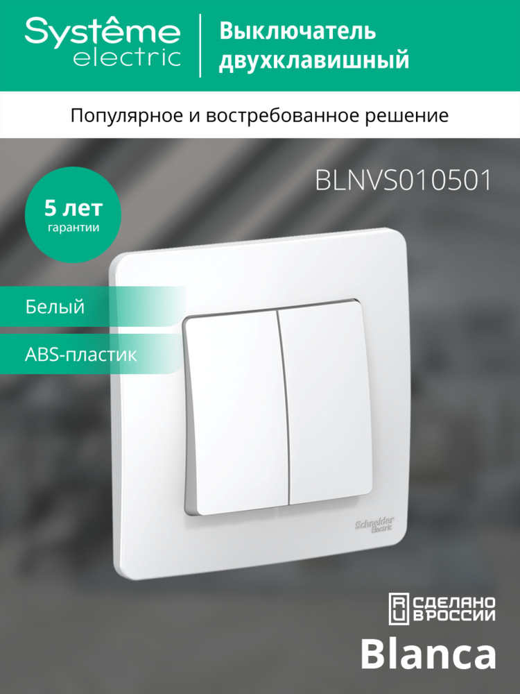 BLANCA скрытой установки двухклавишный выключатель (cх.5), 10A, 250B, белый Systeme Electric BLNVS010501